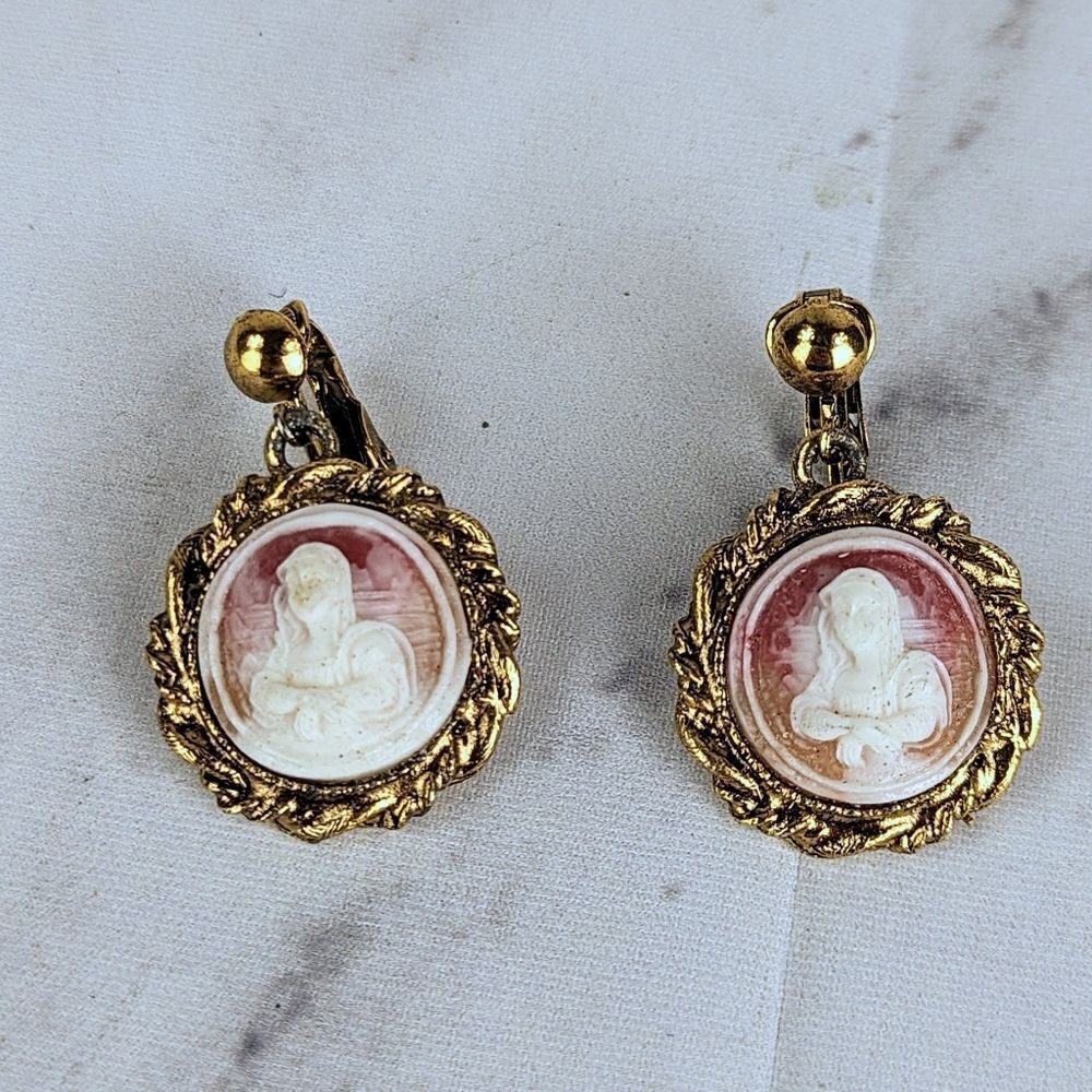 Vintage Cameo Earrings Clip On Resin Pink Gold Victorian Revival